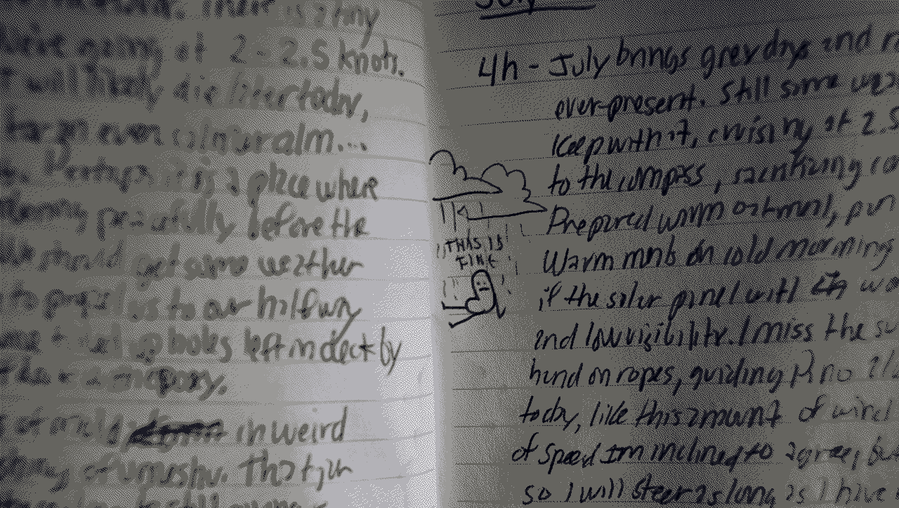 A page from the physical logbook we kept on the trip A closeup of the handwritten ship log featuring a rough drawing of a character sitting under a cloud of rain with the words: this is fine