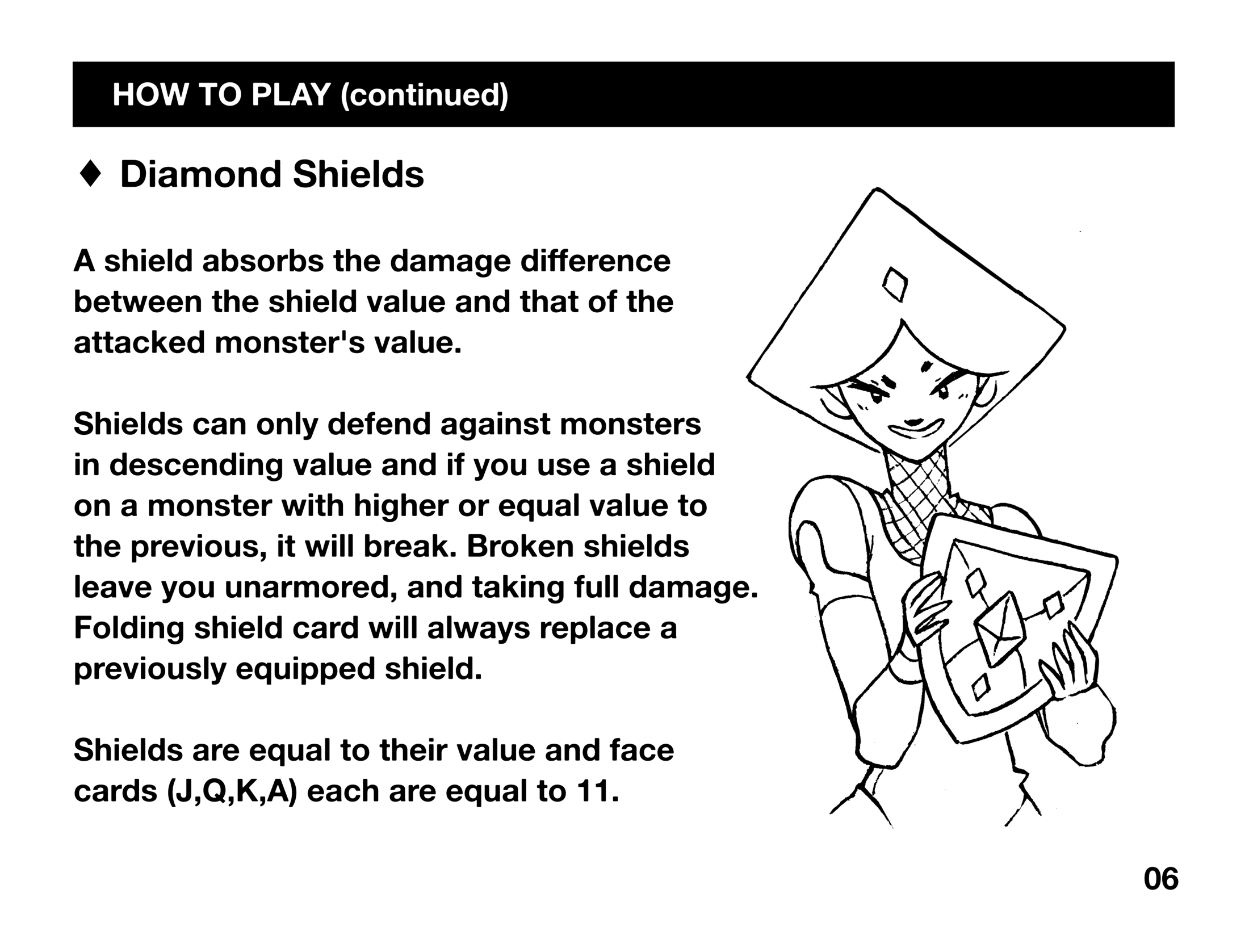 A page from the Donsol Playing Manual A preview image of the Donsol playing manual, explaining the use of Diamond Shields
