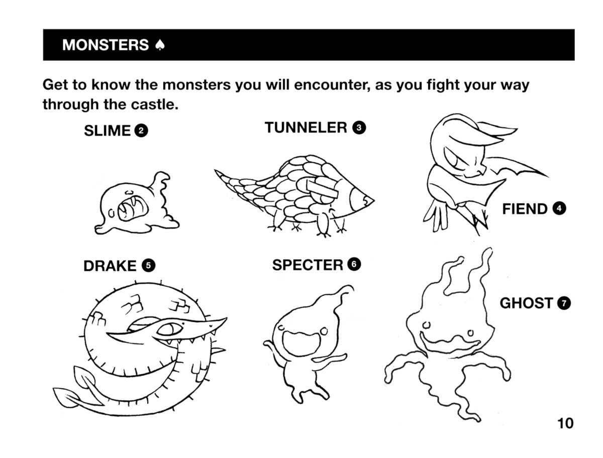 A page from the Donsol Playing Manual A preview image of the Donsol playing manual, showing some of the monsters encountered in the game