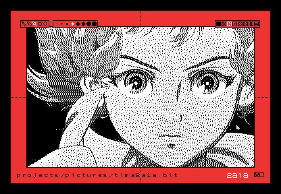 Noodle, image is Tima from the movie Metropolis a screenshot of Noodle, a sketching tool. On the canvas there is a pixelated image featuring Tima from the movie Metropolis