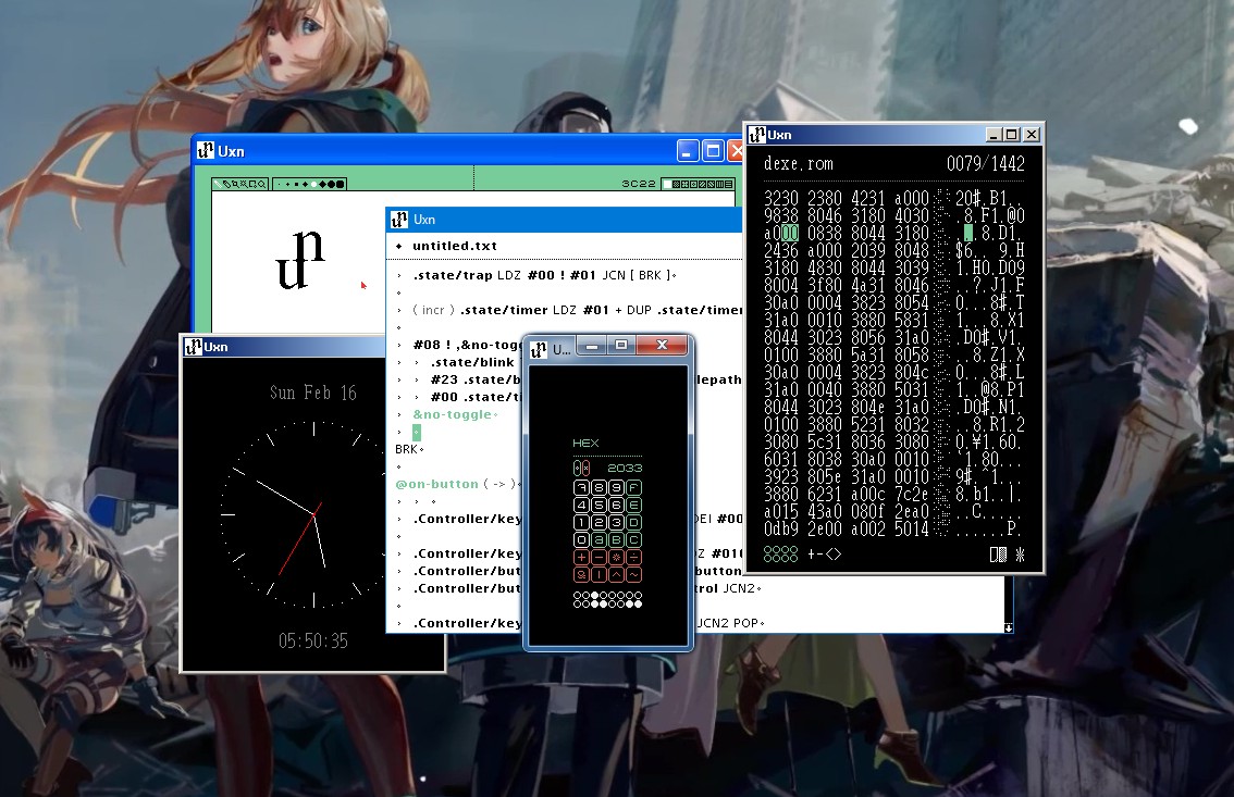 Image of Windows uxn emulator by Cancel A screen of a Windows desktop with various open Uxn applications, like a calculator, a clock and a text editor