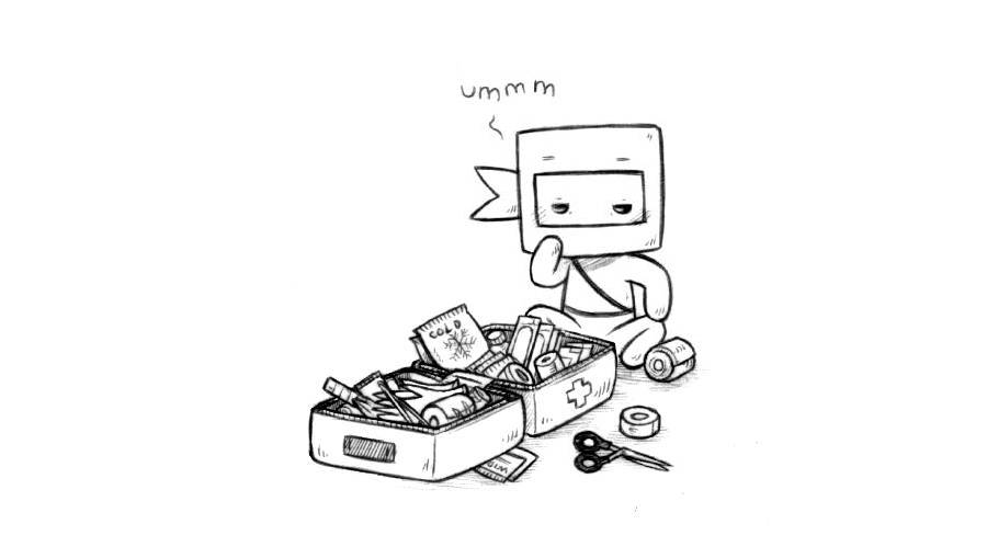 little ninj, a plus ninja, is examining at the contents of a first-aid kit