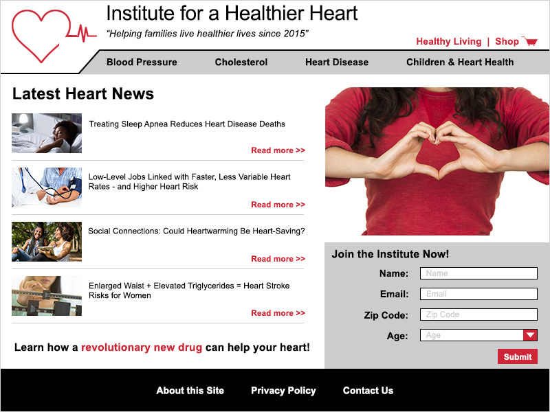Screenshot of the IHH homepage. A red shopping cart logo is at the top of the page above the horizontal menu for navigation of the site. An unlabeled ad is directly underneath the page's health content, making it hard to tell which is the ad. A form is in the lower right corner of the home page asking for personal identifiable information. The footer has links to the 'About this Site', 'Privacy Policy', and 'Contact Us' pages.