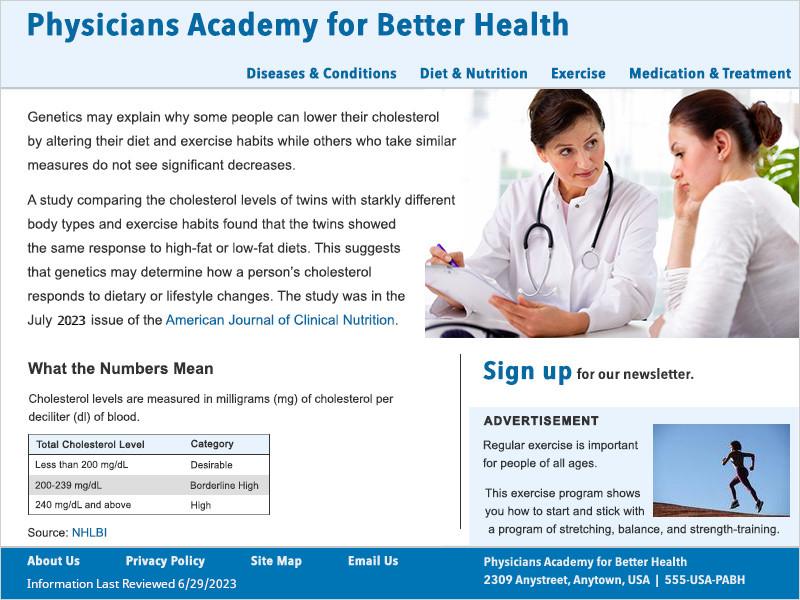 Screenshot of the PABH homepage. It includes a horizontal menu to navigate the site, the sources for health content are clearly indicated with links, an advertisement is clearly labeled, and the footer area contains links to 'About Us', 'Privacy Policy', 'Site Map', and 'Email Us' pages. The last reviewed date and contact information is also available in the footer.