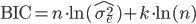 \mathrm{BIC} = n \cdot \ln(\widehat{\sigma_e^2}) + k \cdot \ln(n) \