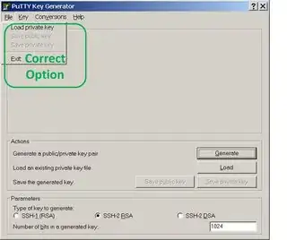 Correct menu option with puttygen
