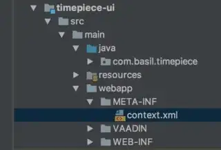 screen shot of IntelliJ project structure where a 'META-INF' folder has been added to the project so as to contain a 'context.xml' file