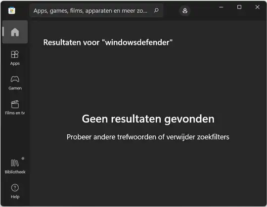 Results for windowsdefender: no results found