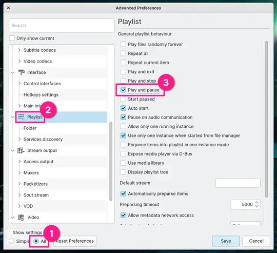 Screenshot of VLC on Linux, with the Playlist → Play and pause checkbox highlighted with a fuchsia box