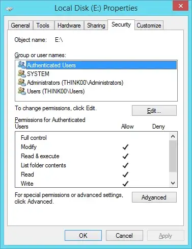 disk properties - security