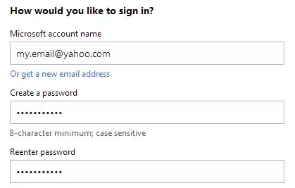 Signing up for a Microsoft account with a Yahoo email address