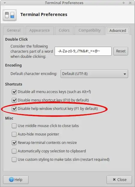 Terminal Preferences with option to disable F1