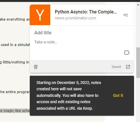 weird message I get when saving to google keep