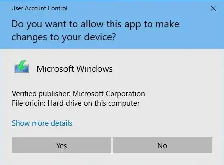 A dialog asking if it's okay to allow Microsoft Windows to make changes to the device, with options "Yes" and "No"