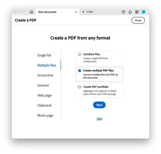 Scrrenshot of Adobe Acrobat "Create a PDF from any format"