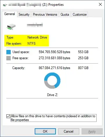 Drive properties for a mapped network drive Z:, showing that Windows considers this to be an NTFS drive