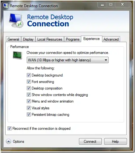 ExperienceTab from the Remote-Desktop-dialogue
