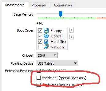 Screenshot of VirtualBox VM "motherboard" settings, with freehand circle