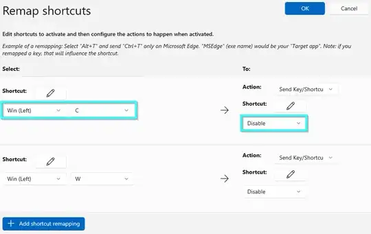 Showing Power Toys user interface for remapping shortcuts of Win+C and Win+W to be Disabled