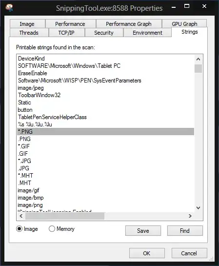 List of orintable strings found in SnippingTool.exe, showing the uppercase PNG