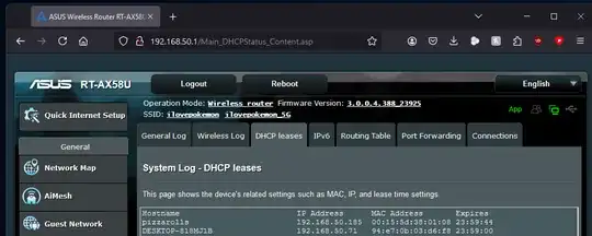 Host and VM listed on the router's DHCP log