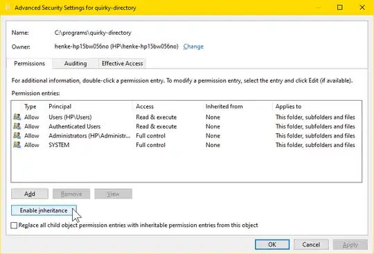 Solution: click 'Enable inheritance', and then OK. Solution: click 'Enable inheritance', and then OK.