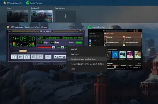 Windows 10 screenshot showing desktop switch screen, with right click menu options visible after right clicking on Winamp