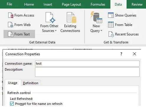 Excel's From Text's prompt for a file name on refresh
