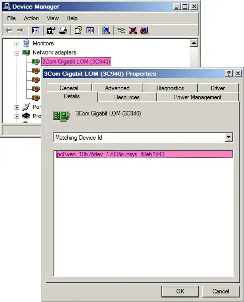 Screenshot of NIC device ID from Device Manager