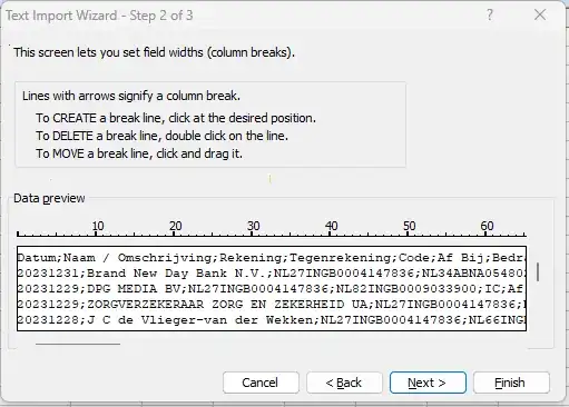 Import wizard fixed length step 2 of 3
