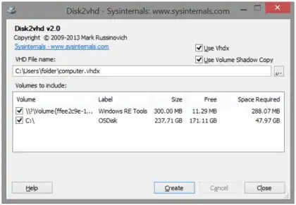 Disk2VHD Screenshot
