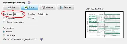 Print dialogue with modified tile scale showing A3 document printing onto 2 A4 pages