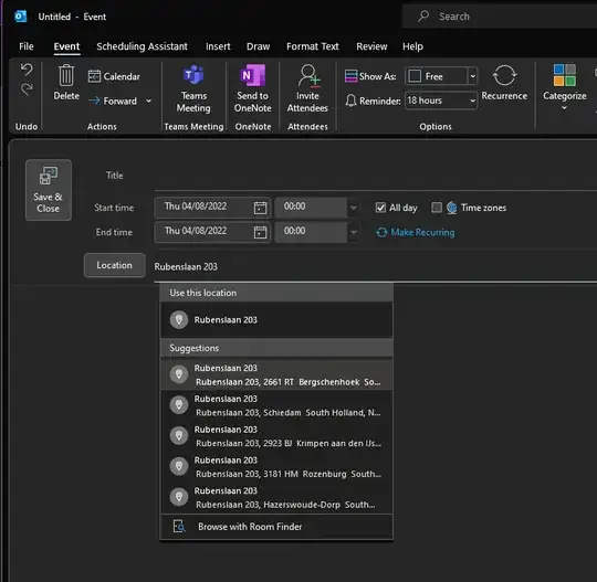 Screenshot of new Outlook event showing location suggestions