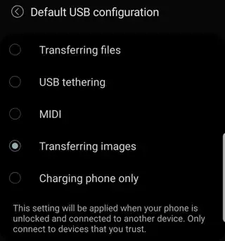 Screenshot showing the different options