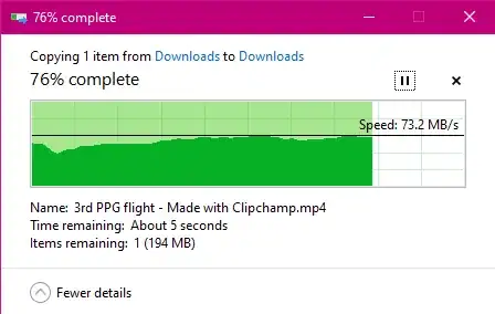 Copying a file between 2 PC's via TB3 at 70 MB/s