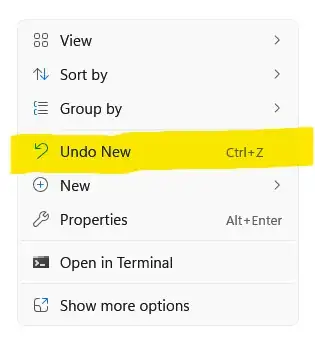 windows 11 right click menu with "undo new" highlighted