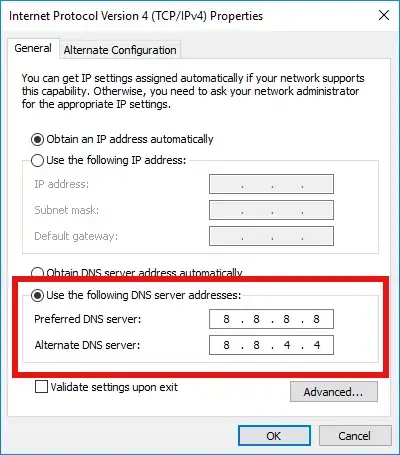 Windows dialog to change DNS server configuration
