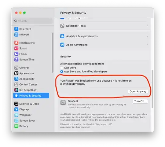 A screenshot of a macOS Privacy & Security settings window with a note that says "'UniFi.app' was blocked from use because it is not from an identified developer." and has an "Open Anyway" button.