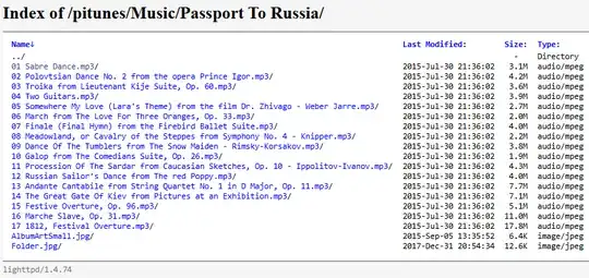 web page showing the mp3 and jpg files, but each link has a trailing slash