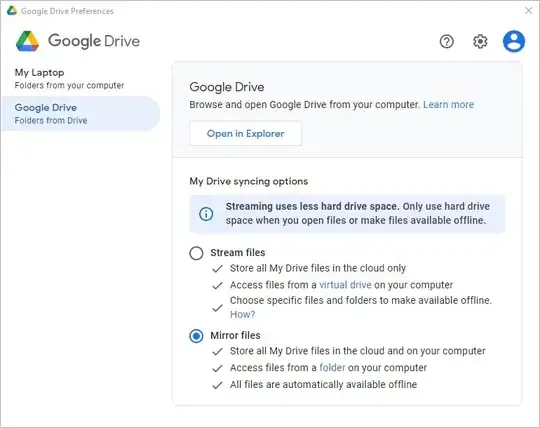 Drive for Desktop preferences screen
