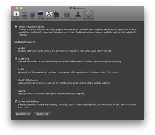Logic Pro X's Advanced Settings panel, with Surround enabled