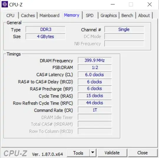 CPU-Z showing single channel with 1 pair of modules in 1 Group of DIMMs