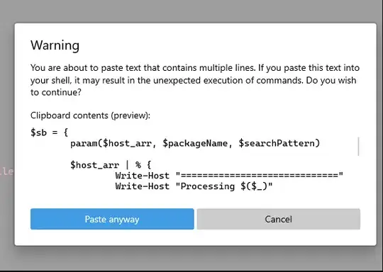 Dialog with the following message appearing in the middle of Windows Terminal after pasting which reads: Warning You are about to paste text that contains multiple lines...blah blah...