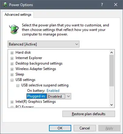 Disable USB suspend settings