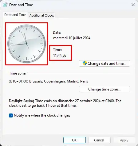 Clock of timedate.cpl