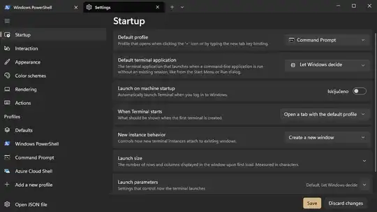 Screenshot of a Windows Terminal settings window, Startup section