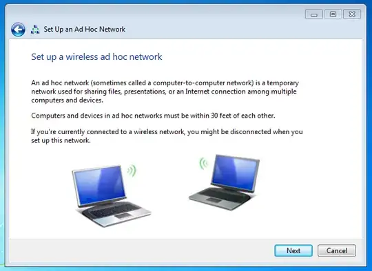 '**Set Up a Connection or Network**' window - '**Set up a wireless ad hoc network**' page