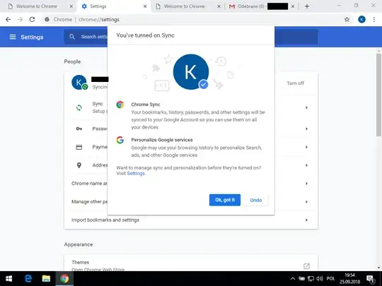 An "You've turned on Sync" confirmation dialog that appears after clicking either blue button