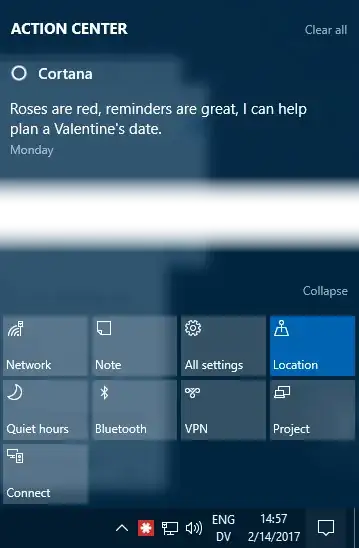 Action Center screenshot, showing one notification, a Valentine's Day message from Cortana