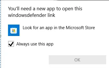 You'll need a new app to open this windowsdefender link